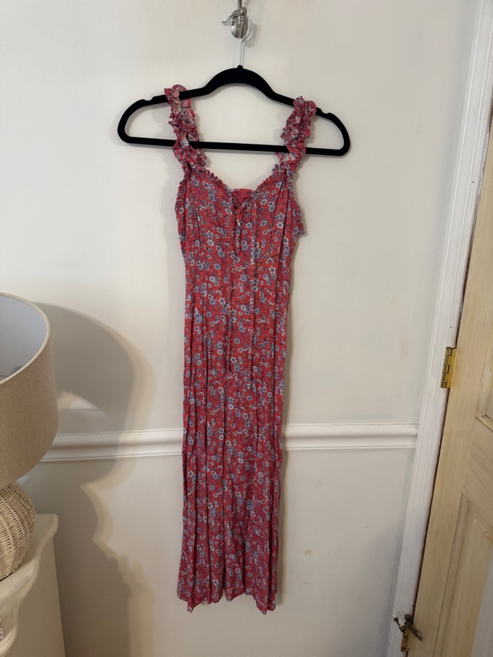 Ruffled-Strap Floral Maxi Dress in Red